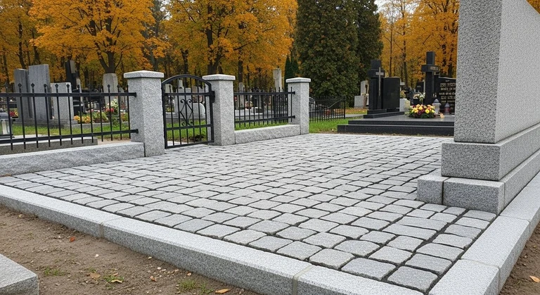 Благоустройство захоронений в Иркутске — мощение гранитной плиткой, цоколь и ограда на ухоженном участке