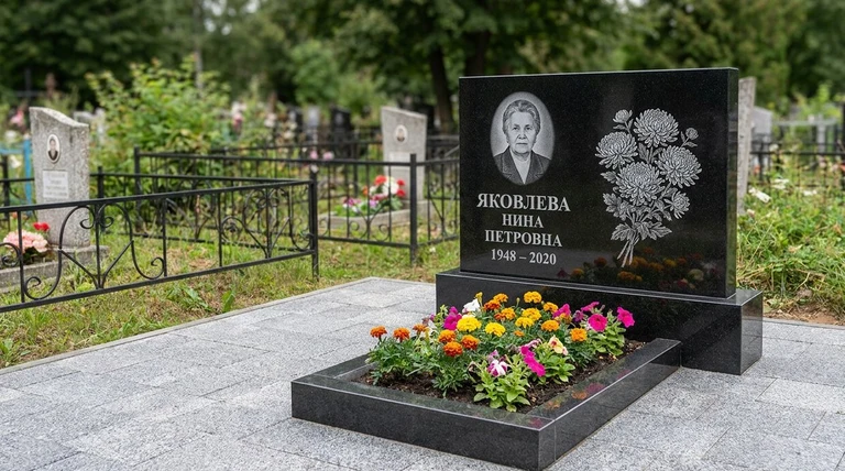 Гравировка хризантем на памятник в Иркутске — пример работы на граните