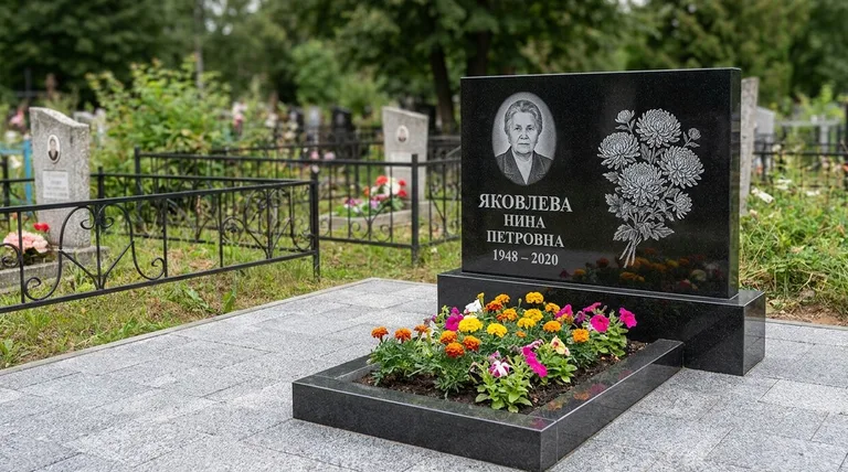 Памятник с гравировкой хризантем — выполненная работа «Соколов» в Иркутске