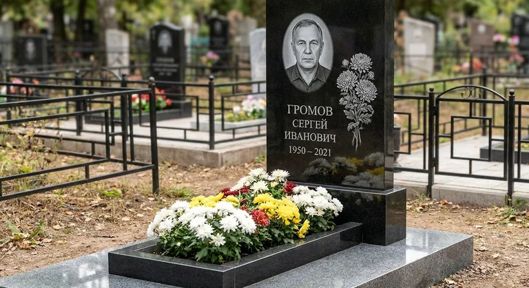 Памятник с гравировкой хризантем — выполненная работа «Громов» в Иркутске