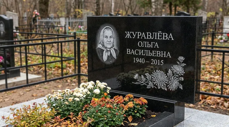 Памятник с гравировкой хризантем — выполненная работа «Журавлёва» в Иркутске