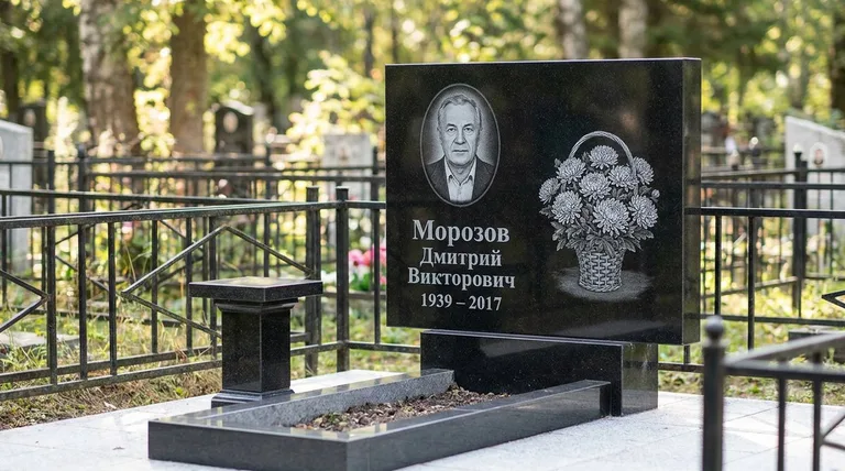 Памятник с гравировкой хризантем — выполненная работа «Морозов» в Иркутске