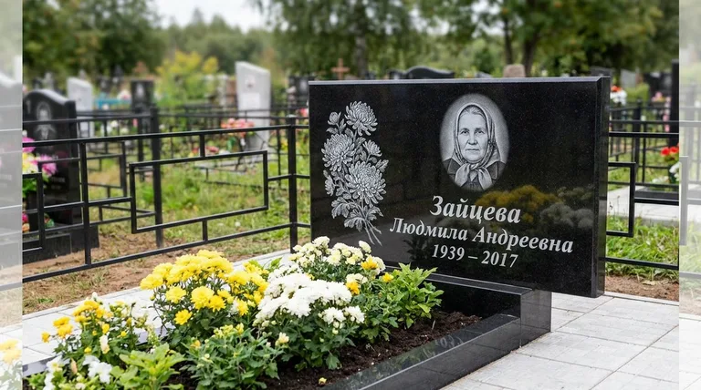 Памятник с гравировкой хризантем — выполненная работа «Зайцева» в Иркутске