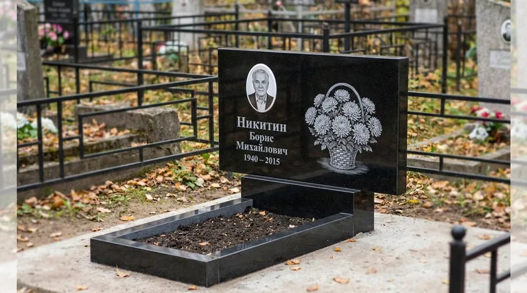 Памятник с гравировкой хризантем — выполненная работа «Никитин» в Иркутске