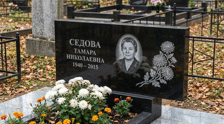 Памятник с гравировкой хризантем — выполненная работа «Седова» в Иркутске