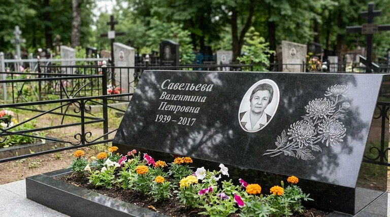 Памятник с гравировкой хризантем — выполненная работа «Савельева» в Иркутске