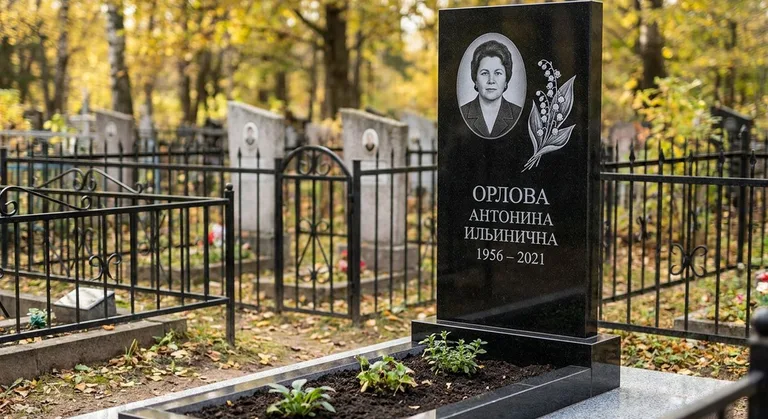 Памятник с гравировкой ландышей — выполненная работа «Орлова» в Иркутске