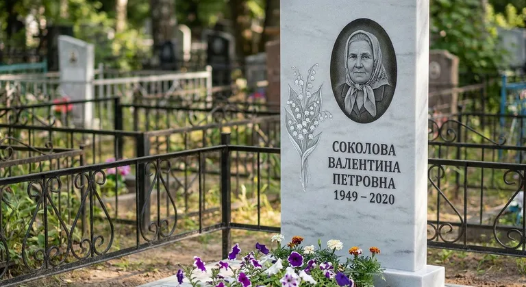 Памятник с гравировкой ландышей — выполненная работа «Соколова» в Иркутске