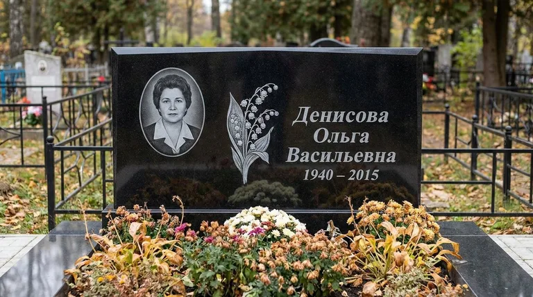 Памятник с гравировкой ландышей — выполненная работа «Денисова» в Иркутске