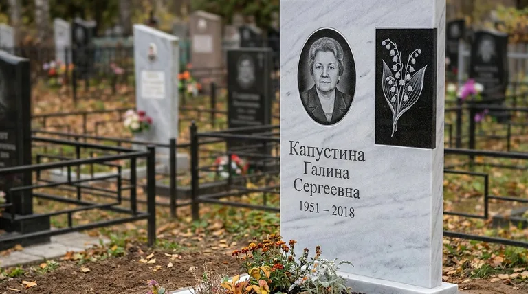 Памятник с гравировкой ландышей — выполненная работа «Капустина» в Иркутске