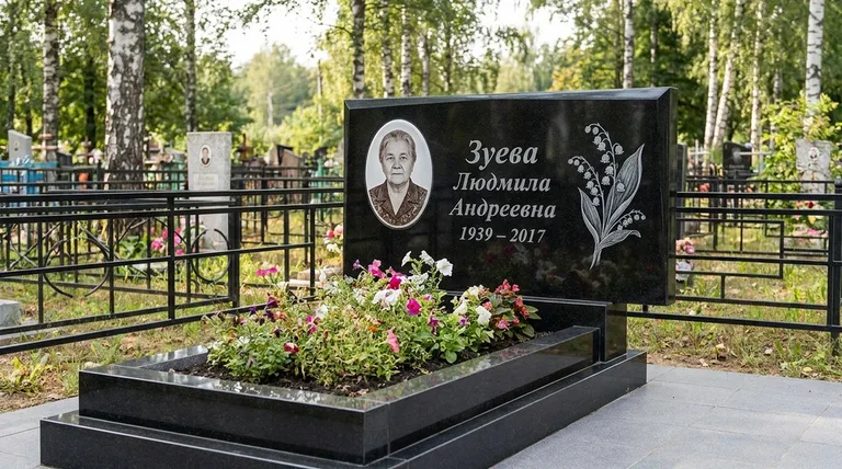 Памятник с гравировкой ландышей — выполненная работа «Зуева» в Иркутске