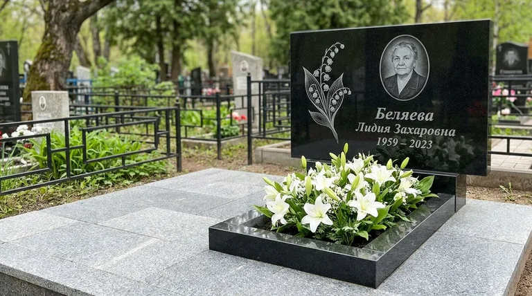 Памятник с гравировкой ландышей — выполненная работа «Беляева» в Иркутске