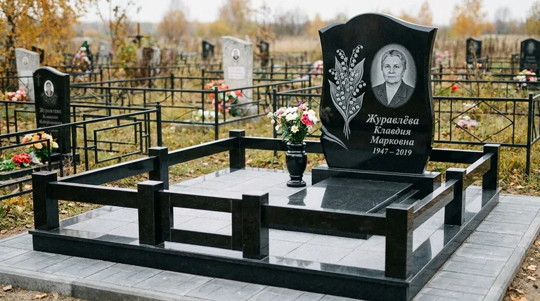 Памятник с гравировкой ландышей — выполненная работа «Журавлёва» в Иркутске