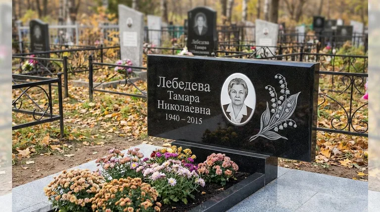Памятник с гравировкой ландышей — выполненная работа «Лебедева» в Иркутске