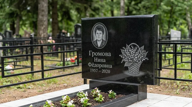 Памятник с гравировкой ландышей — выполненная работа «Громова» в Иркутске