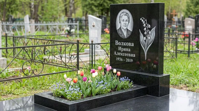 Памятник с гравировкой ландышей — выполненная работа «Волкова» в Иркутске