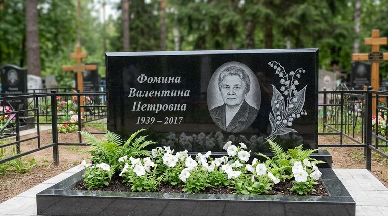 Памятник с гравировкой ландышей — выполненная работа «Фомина» в Иркутске