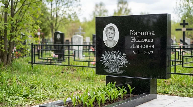 Памятник с гравировкой ландышей — выполненная работа «Карпова» в Иркутске
