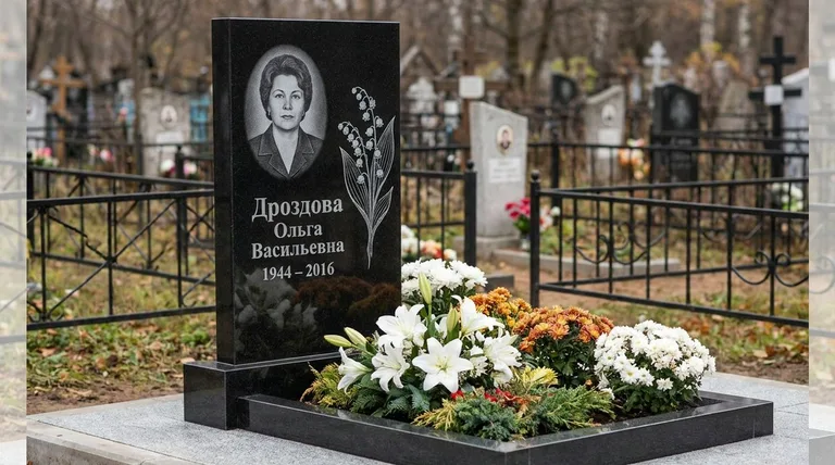 Памятник с гравировкой ландышей — выполненная работа «Дроздова» в Иркутске
