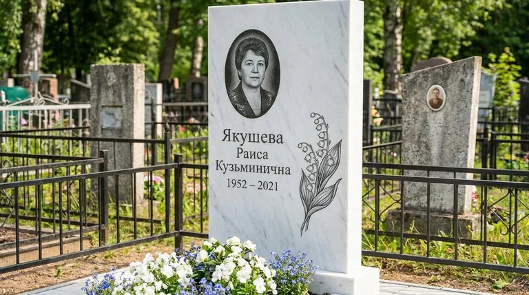 Памятник с гравировкой ландышей — выполненная работа «Якушева» в Иркутске