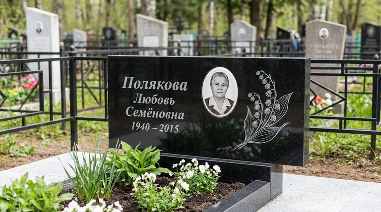Памятник с гравировкой ландышей — выполненная работа «Полякова» в Иркутске