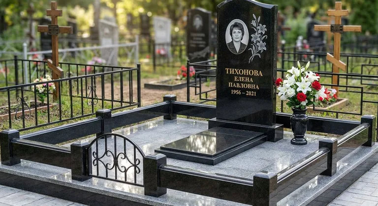Памятник с гравировкой лилий — выполненная работа «Тихонова» в Иркутске
