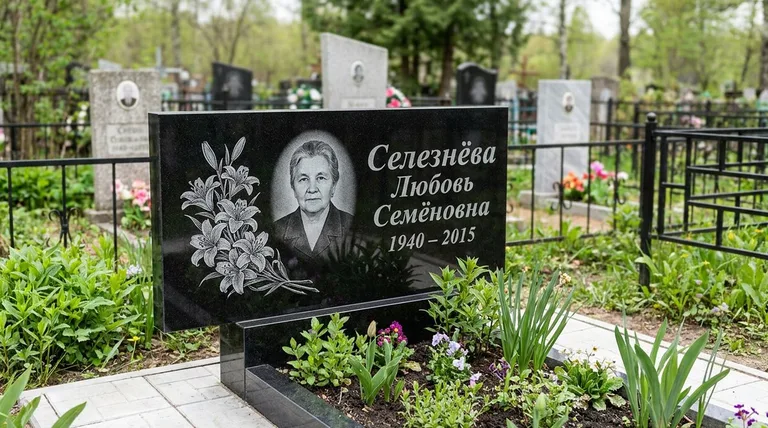 Памятник с гравировкой лилий — выполненная работа «Селезнёва» в Иркутске