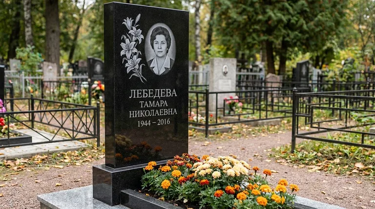 Памятник с гравировкой лилий — выполненная работа «Лебедева» в Иркутске