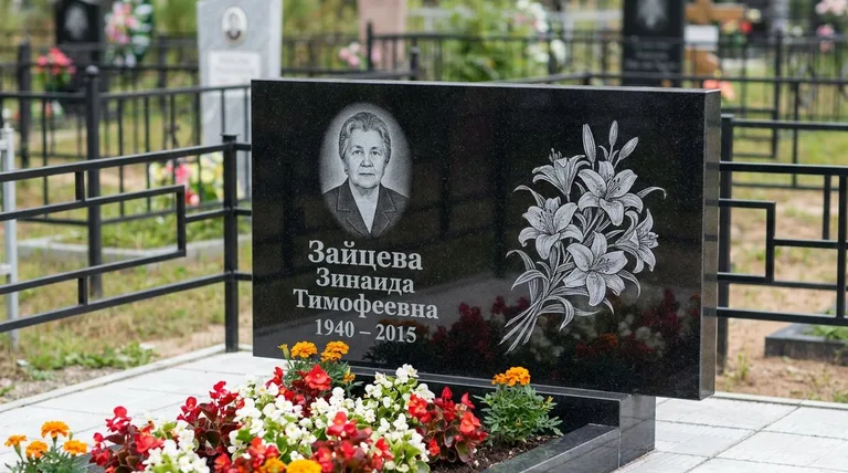 Памятник с гравировкой лилий — выполненная работа «Зайцева» в Иркутске