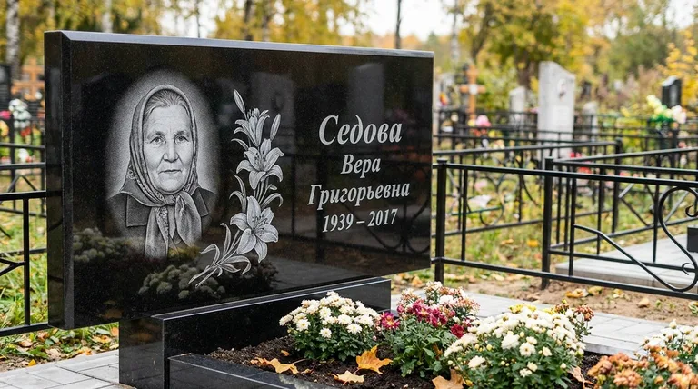 Памятник с гравировкой лилий — выполненная работа «Седова» в Иркутске