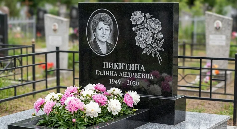 Памятник с гравировкой пионов — выполненная работа «Никитина» в Иркутске