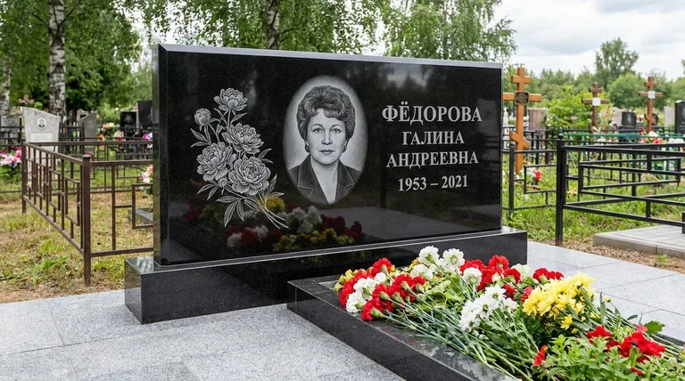 Памятник с гравировкой пионов — выполненная работа «Фёдорова» в Иркутске