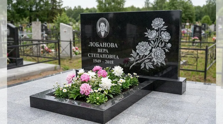 Памятник с гравировкой пионов — выполненная работа «Лобанова» в Иркутске