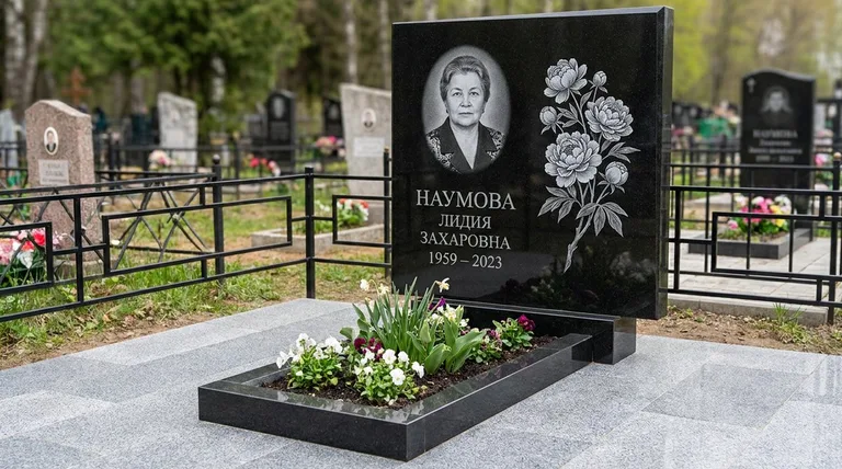 Памятник с гравировкой пионов — выполненная работа «Наумова» в Иркутске