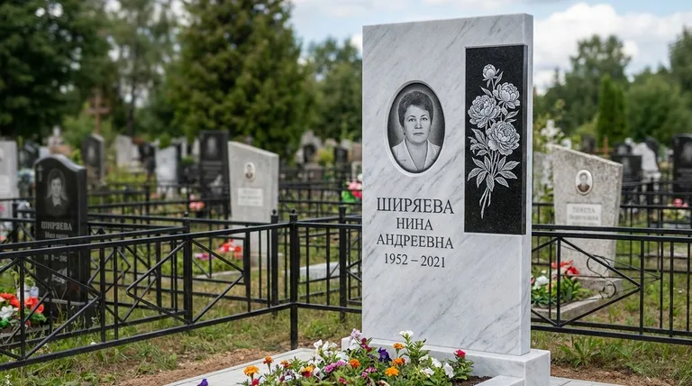 Памятник с гравировкой пионов — выполненная работа «Ширяева» в Иркутске