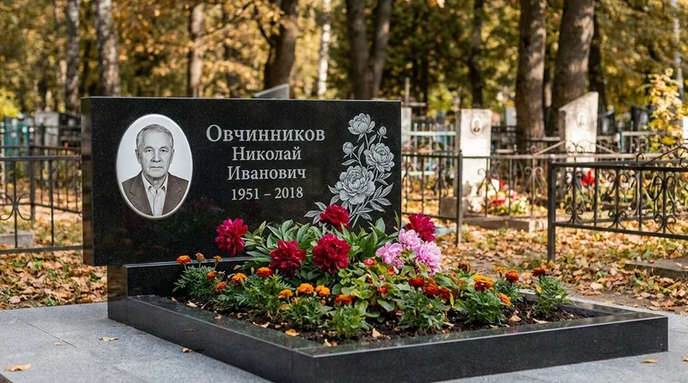 Памятник с гравировкой пионов — выполненная работа «Овчинников» в Иркутске