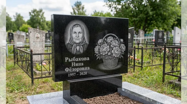Памятник с гравировкой пионов — выполненная работа «Рыбакова» в Иркутске