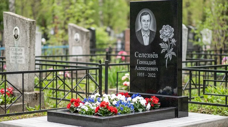 Памятник с гравировкой пионов — выполненная работа «Селезнёв» в Иркутске