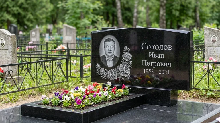 Памятник с гравировкой пионов — выполненная работа «Соколов» в Иркутске