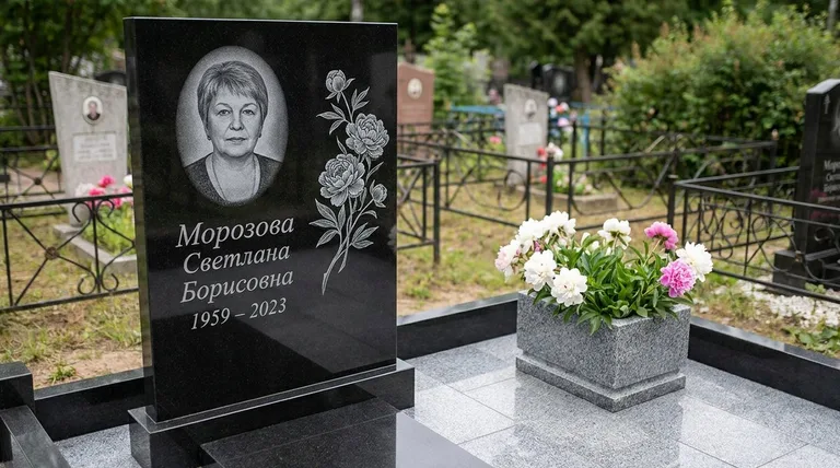 Памятник с гравировкой пионов — выполненная работа «Морозова» в Иркутске