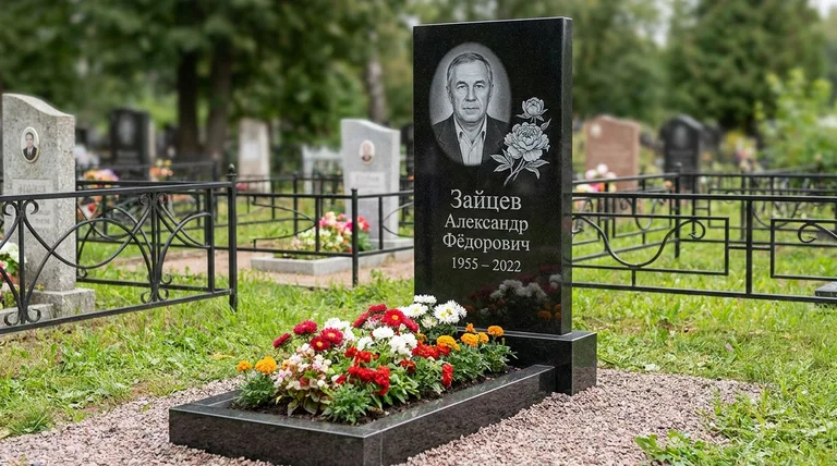 Памятник с гравировкой пионов — выполненная работа «Зайцев» в Иркутске