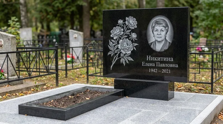 Памятник с гравировкой пионов — выполненная работа «Никитина» в Иркутске