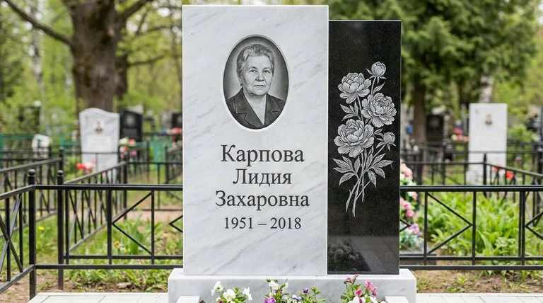 Памятник с гравировкой пионов — выполненная работа «Карпова» в Иркутске