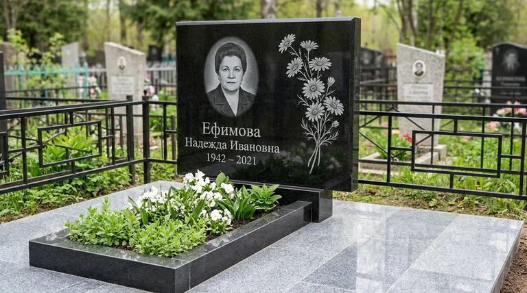 Памятник с гравировкой ромашек — выполненная работа «Ефимова» в Иркутске