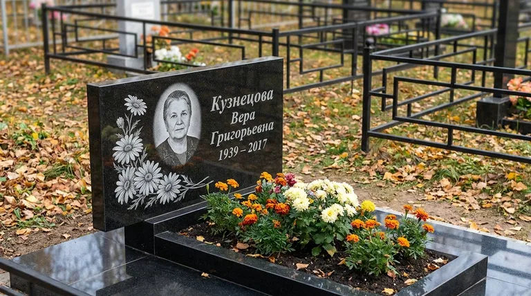 Памятник с гравировкой ромашек — выполненная работа «Кузнецова» в Иркутске