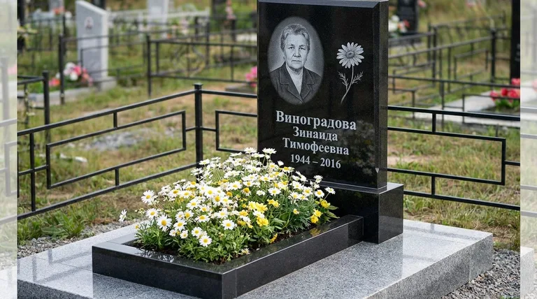 Памятник с гравировкой ромашек — выполненная работа «Виноградова» в Иркутске