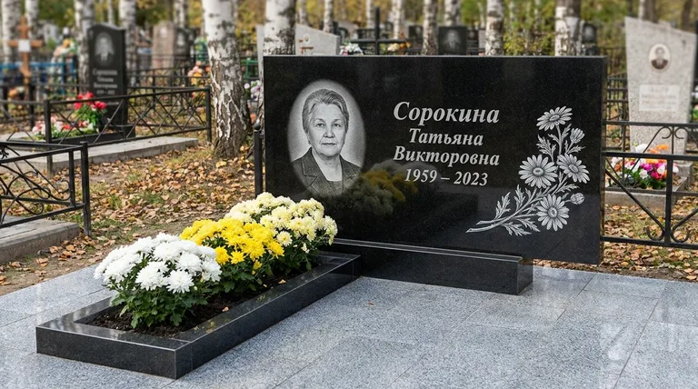 Памятник с гравировкой ромашек — выполненная работа «Сорокина» в Иркутске
