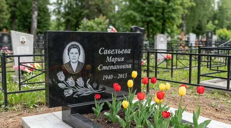 Памятник с гравировкой тюльпанов — выполненная работа «Савельева» в Иркутске