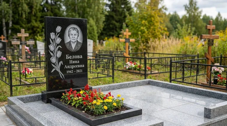 Памятник с гравировкой тюльпанов — выполненная работа «Белова» в Иркутске