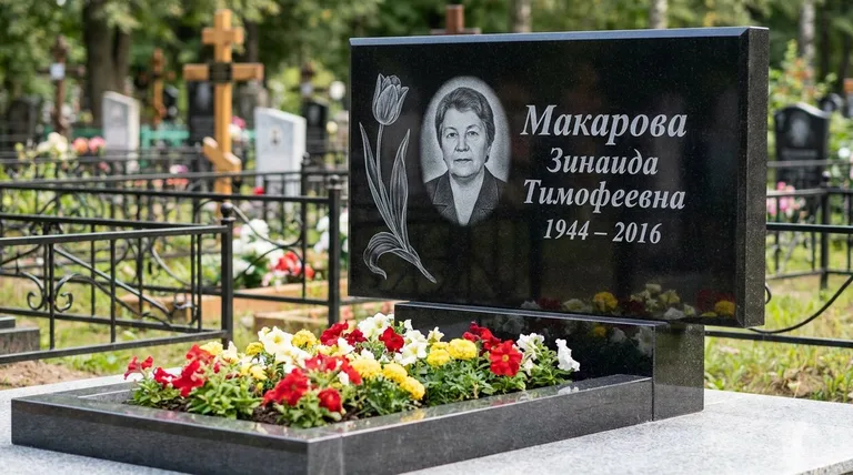 Памятник с гравировкой тюльпанов — выполненная работа «Макарова» в Иркутске